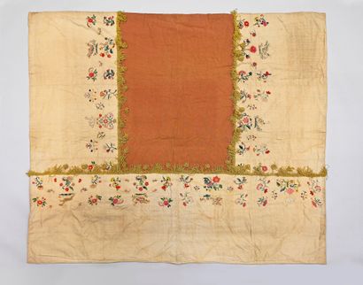 Embroidered valance, mounted as a wall hanging,...
