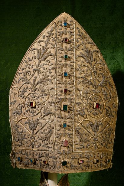 Rare episcopal miter embroidered with ecclesiastical...