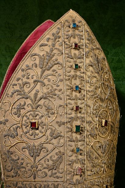 Rare episcopal miter embroidered with ecclesiastical...