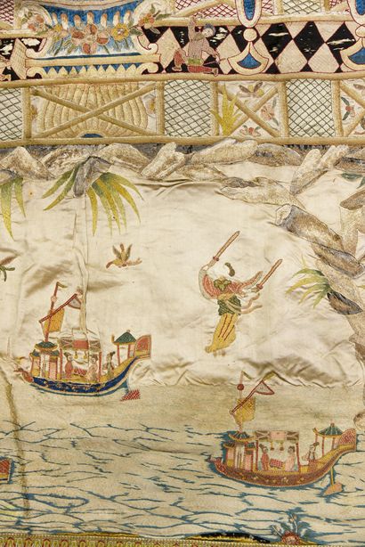 Important embroidered hanging in Chinoiserie,...