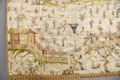 Important embroidered hanging in Chinoiserie,...