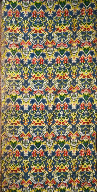 Two vividly decorated woven fabrics, circa...