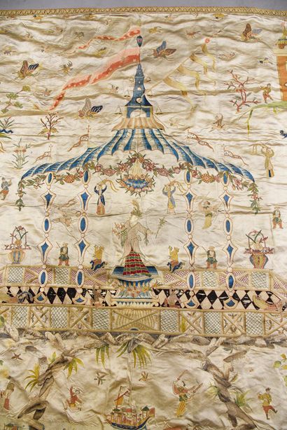 Important embroidered hanging in Chinoiserie,...