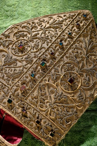Rare episcopal miter embroidered with ecclesiastical...