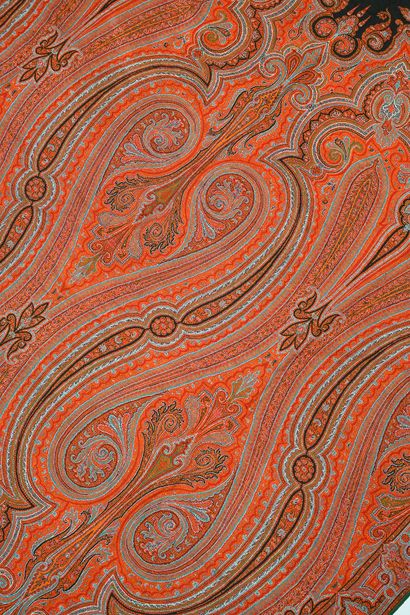 Long cashmere shawl, circa 1870, black four-lobed...