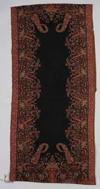 Cashmere stole, circa 1845, plain black field...