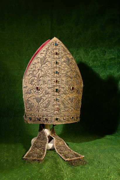Rare episcopal miter embroidered with ecclesiastical...