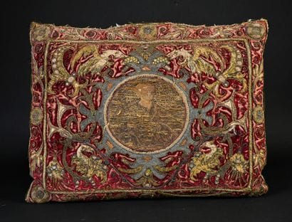 Two cushions in dalmatic orphreys, second...