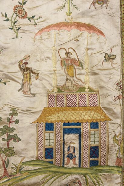 Important embroidered hanging in Chinoiserie,...