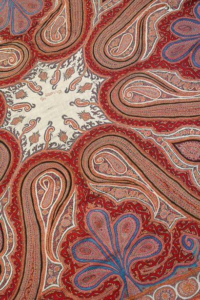 Embroidered square cashmere shawl, India,...