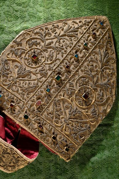 Rare episcopal miter embroidered with ecclesiastical...