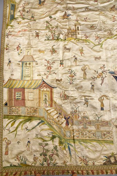 Important embroidered hanging in Chinoiserie,...