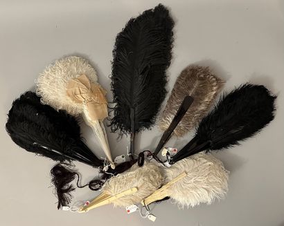 Seven natural ostrich feather fans, black...