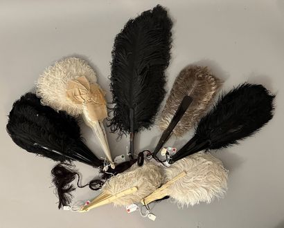 Seven natural ostrich feather fans, black...