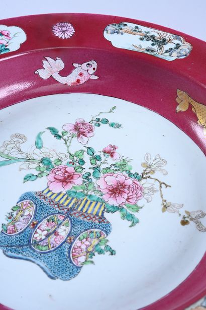 Large porcelain basin with ruby background...