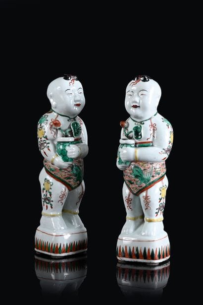Two large porcelain hoho figures decorated...