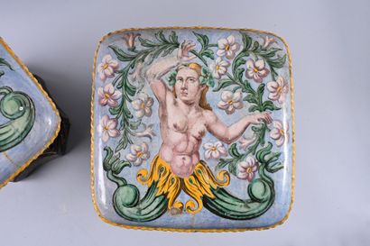 Pair of stools in polychrome earthenware,...