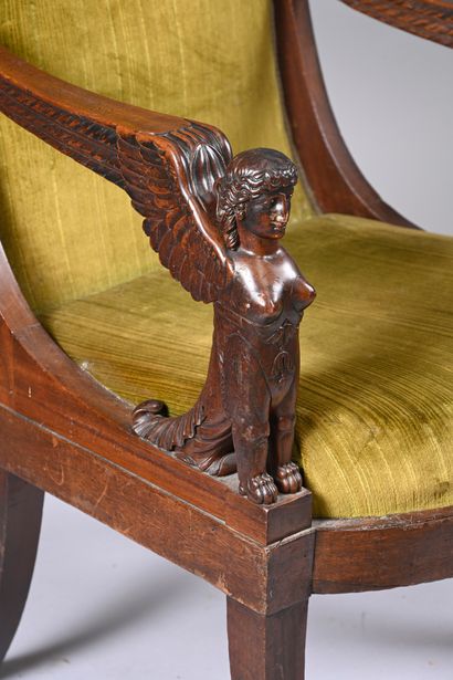 Mahogany armchair, scrolled back, 
armrests...