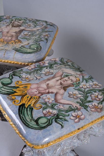 Pair of stools in polychrome earthenware,...