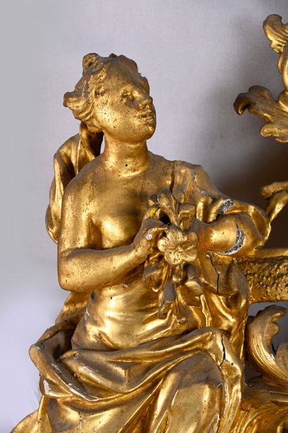 Carved, molded and gilded wood pediment mirror,...