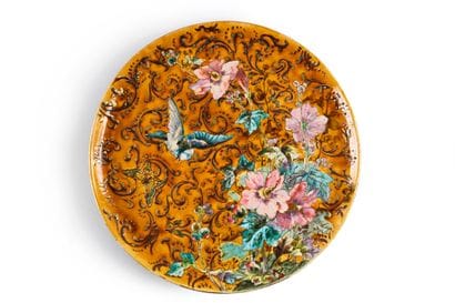Large ceramic dish with polychrome enamel...