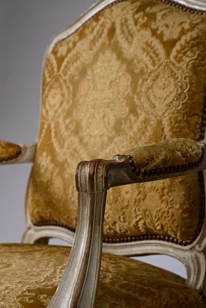 Pair of gray painted and molded wood armchairs,...