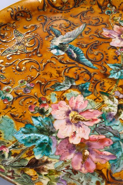 Large ceramic dish with polychrome enamel...