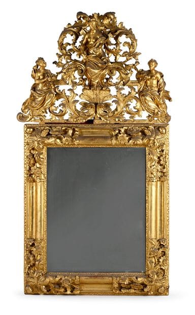 Carved, molded and gilded wood pediment mirror,...