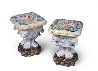 Pair of stools in polychrome earthenware,...