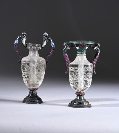 Two cut rock crystal vases with scrolls and...