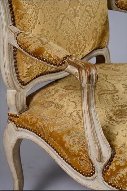 Pair of gray painted and molded wood armchairs,...