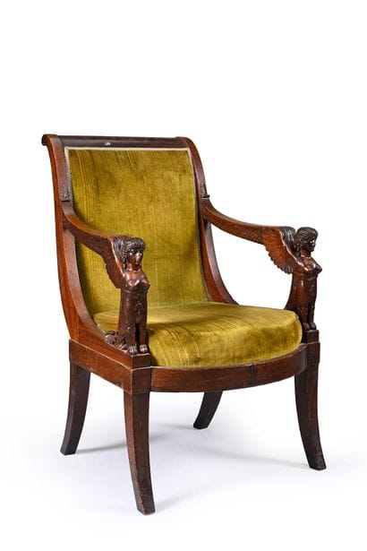 Mahogany armchair, scrolled back, 
armrests...