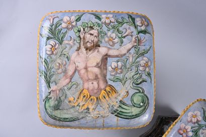 Pair of stools in polychrome earthenware,...
