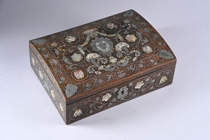 Wooden case inlaid with silver and mother-of-pearl....