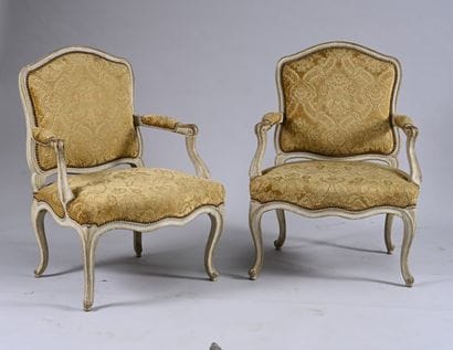 Pair of gray painted and molded wood armchairs,...