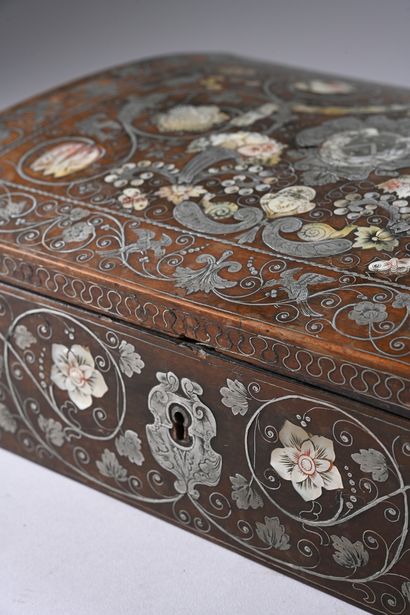 Wooden case inlaid with silver and mother-of-pearl....