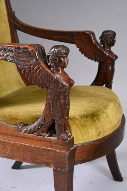 Mahogany armchair, scrolled back, 
armrests...