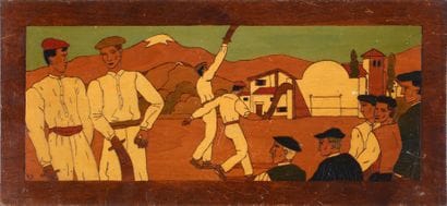 Tableau d'une scène de pelote basque. Bois...