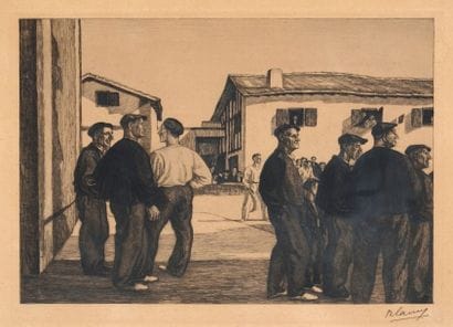 Superbe gravure. «Villageois au Fronton»....