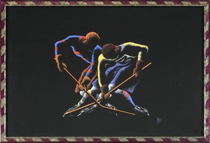 Gouache sur papier. «Les Hockeyeurs». Signée...