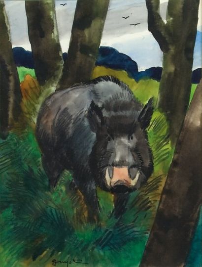 GUYOT.
«Sanglier». Aquarelle sur papier signée...
