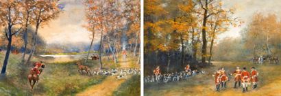 M.L.
«Scène de vénerie». Deux gouaches sur...