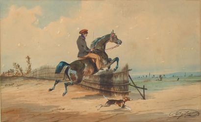 AUDY.
«Cavalier». Aquarelle sur papier signée...