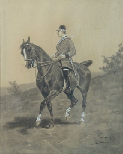 Charles de CONDAMY.
«Veneur à cheval». Fusain...
