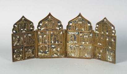 Icône quadriptyque de voyage en bronze doré,...