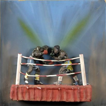 Tableau en 3D. 'Combat sur le ring'. Résine...