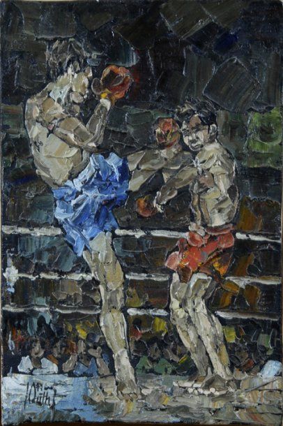 Huile au couteau sur toile 'Combat de boxe...