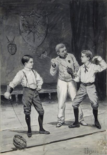 Gouache originale. 'La leçon d'escrime'....