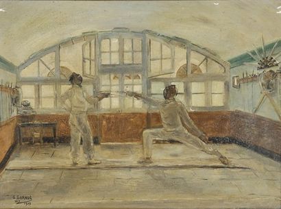 Huile sur toile. ' La leçon d'escrime '....