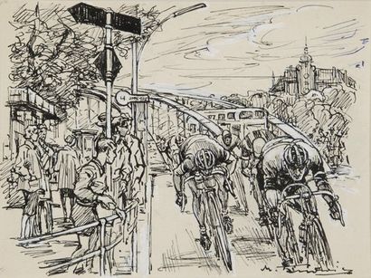 Dessin original encre et lavis. 'Le sprint'....